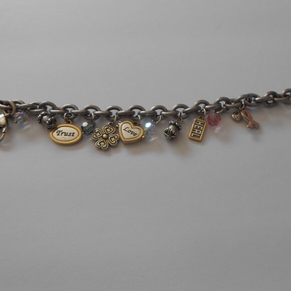 Brghton Breast Cancer Awarness Charm Bracelet Pink Enamel Ribbon Silver 8" - Picture 1 of 2